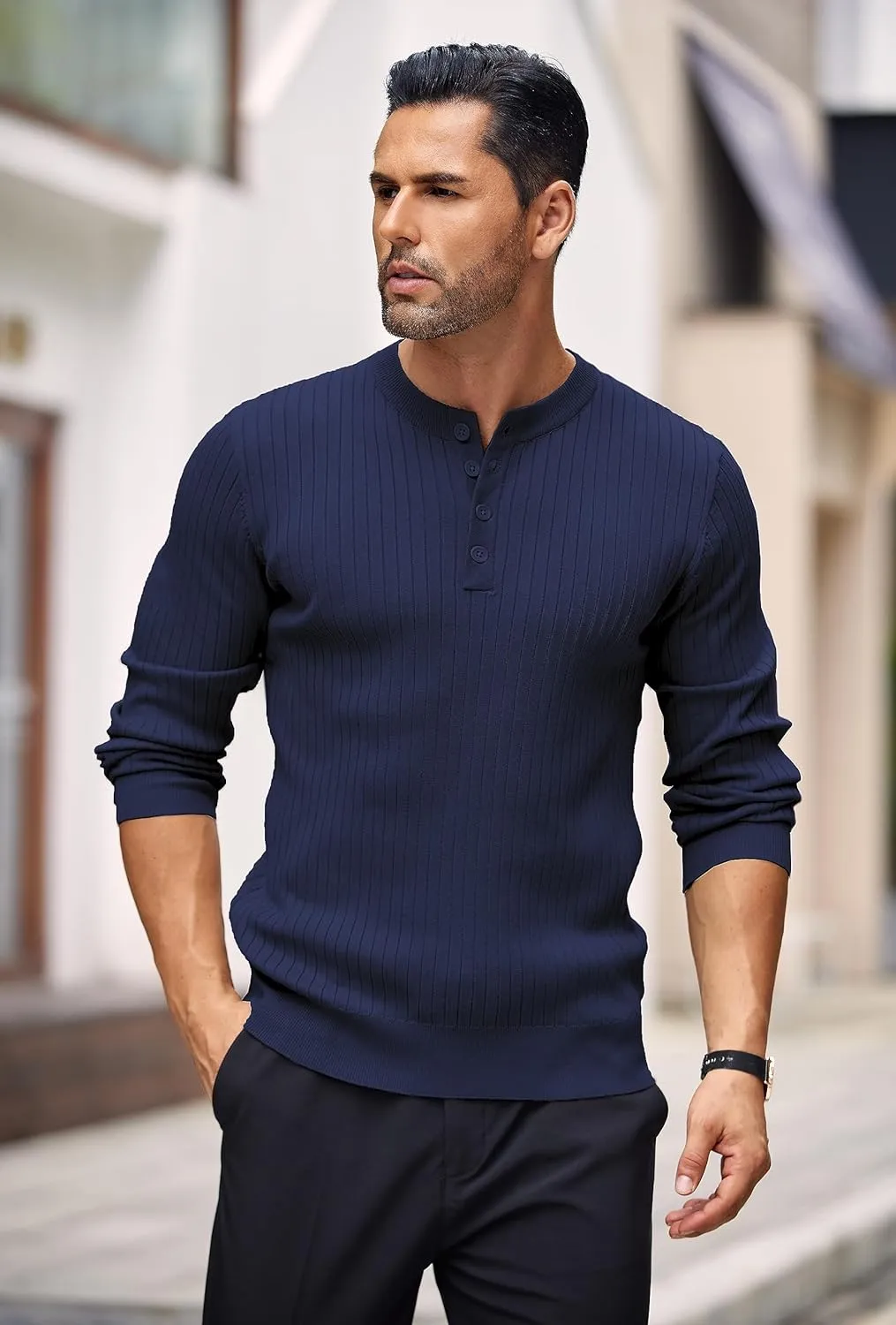 COOFANDY Mens Knit Henley Sweater Long Sleeve Button Down Lightweight Sweater Fall Slim Fit Ribbed Pullover