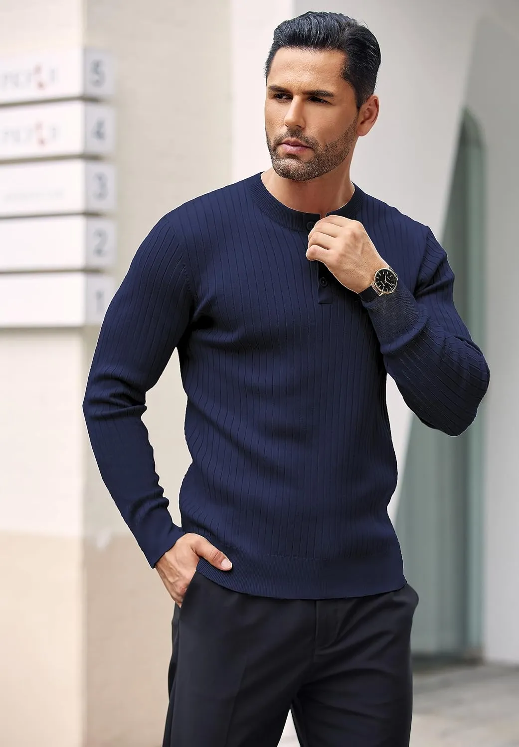 COOFANDY Mens Knit Henley Sweater Long Sleeve Button Down Lightweight Sweater Fall Slim Fit Ribbed Pullover