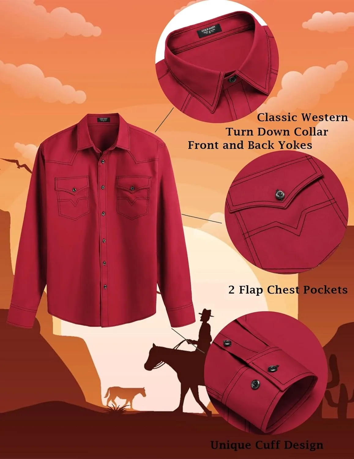 COOFANDY Men's Western Cowboy Shirts Long Sleeve Cotton Casual Button Down Work Shirt with Pockets
