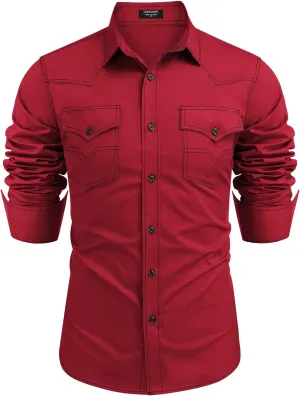 COOFANDY Men's Western Cowboy Shirts Long Sleeve Cotton Casual Button Down Work Shirt with Pockets
