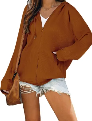 Cowasto Women's Waffle Zip Up Hoodie Casual Jacket Drawstring Long Sleeve Knit Hooded