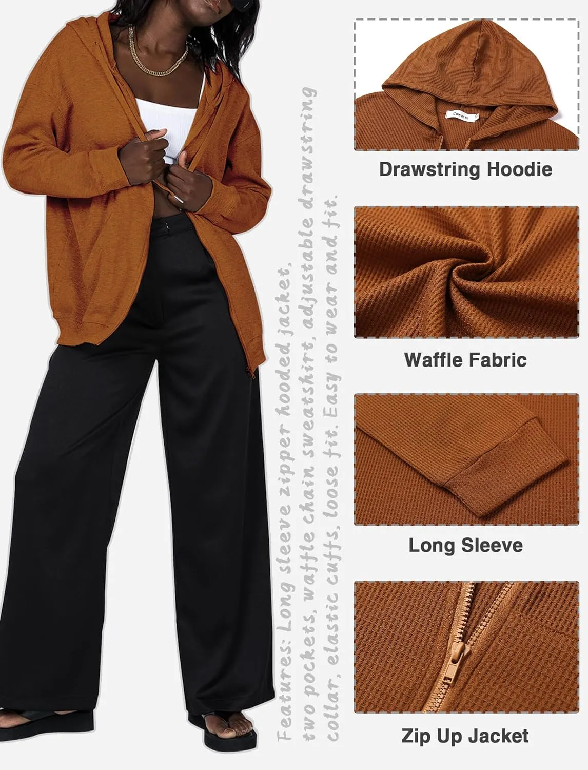 Cowasto Women's Waffle Zip Up Hoodie Casual Jacket Drawstring Long Sleeve Knit Hooded