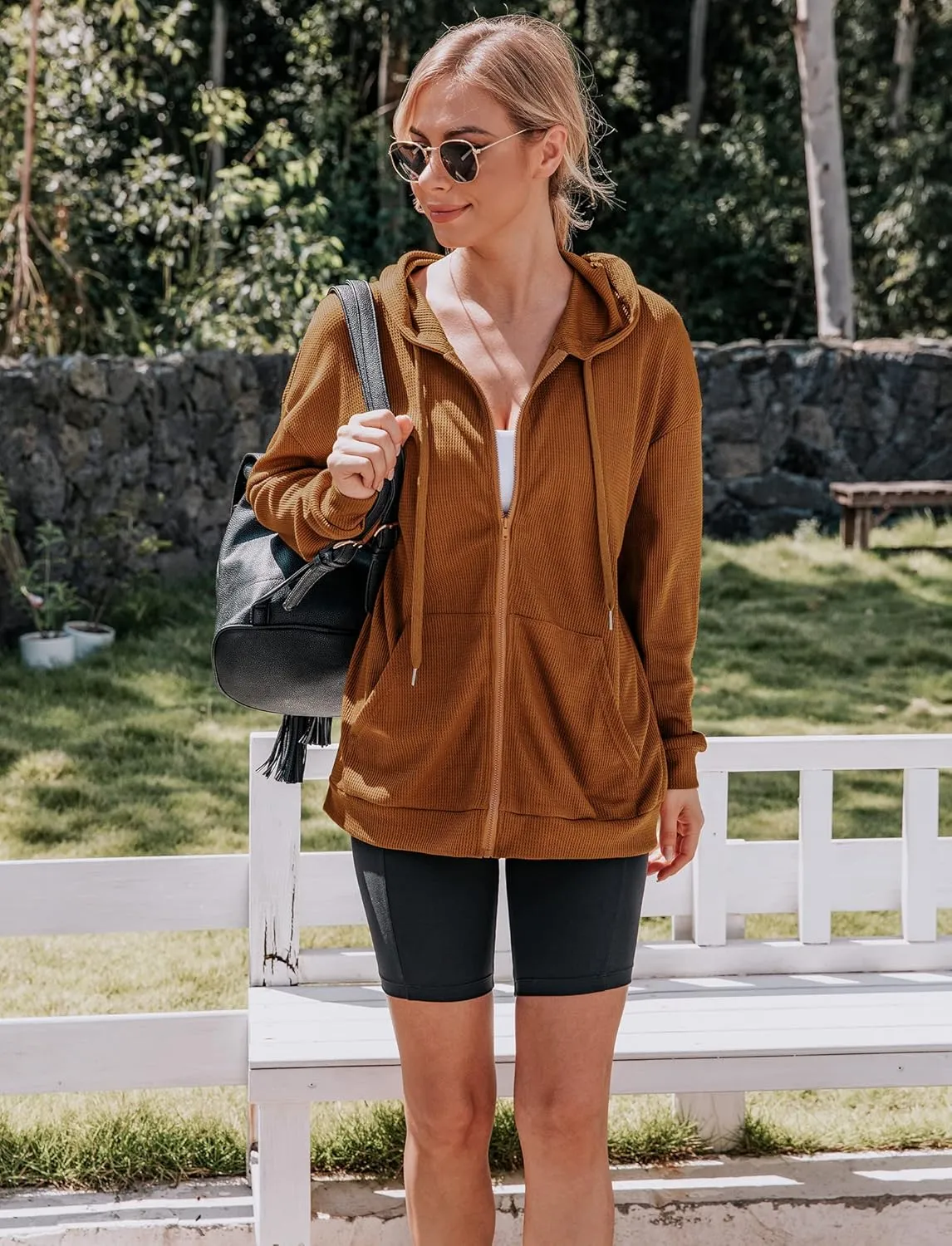 Cowasto Women's Waffle Zip Up Hoodie Casual Jacket Drawstring Long Sleeve Knit Hooded