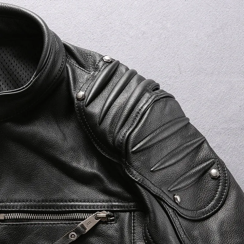 Cowhide Mandarin Collar Leather Jacket