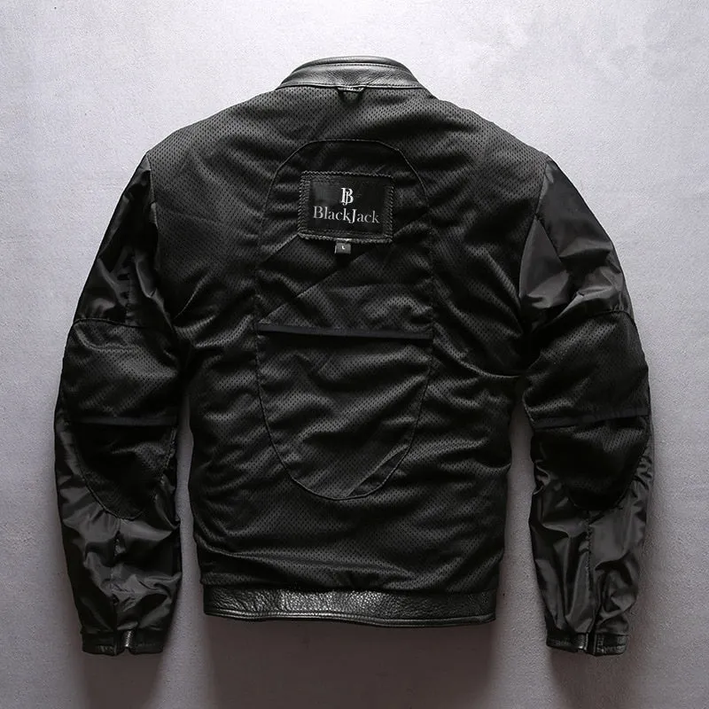 Cowhide Mandarin Collar Leather Jacket