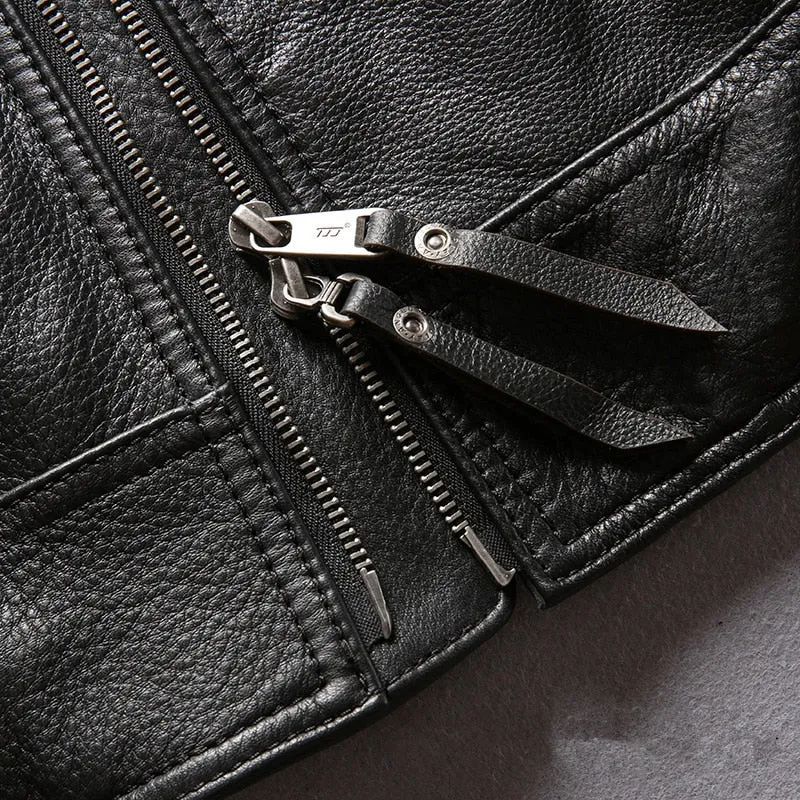 Cowhide Mandarin Collar Leather Jacket