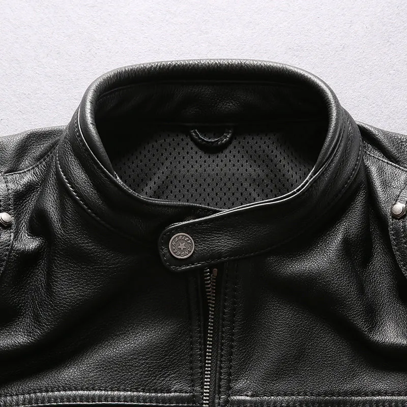 Cowhide Mandarin Collar Leather Jacket
