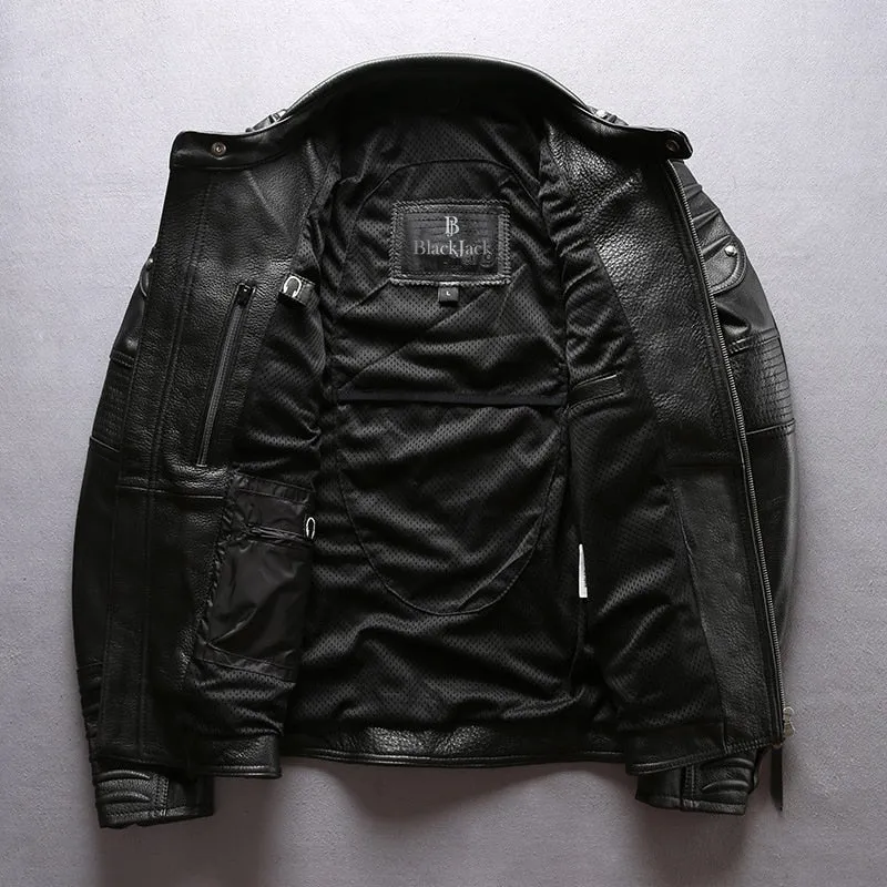 Cowhide Mandarin Collar Leather Jacket