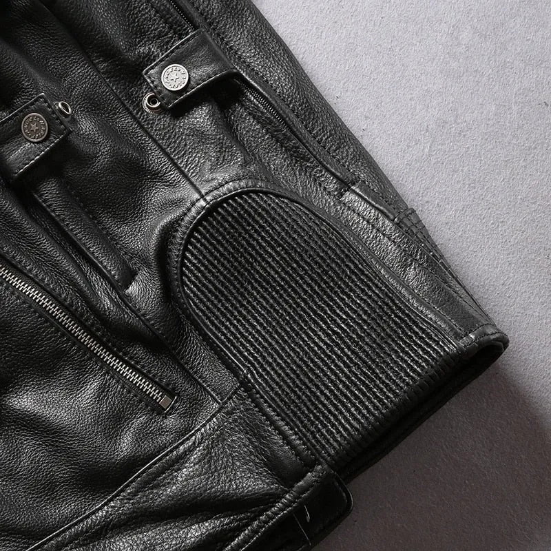 Cowhide Mandarin Collar Leather Jacket