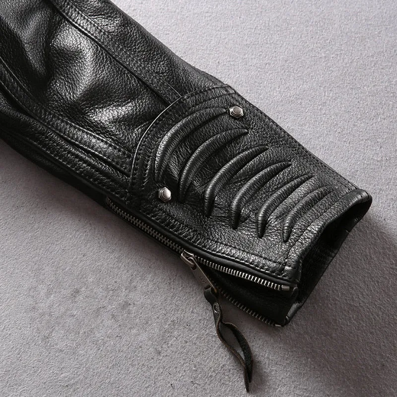 Cowhide Mandarin Collar Leather Jacket