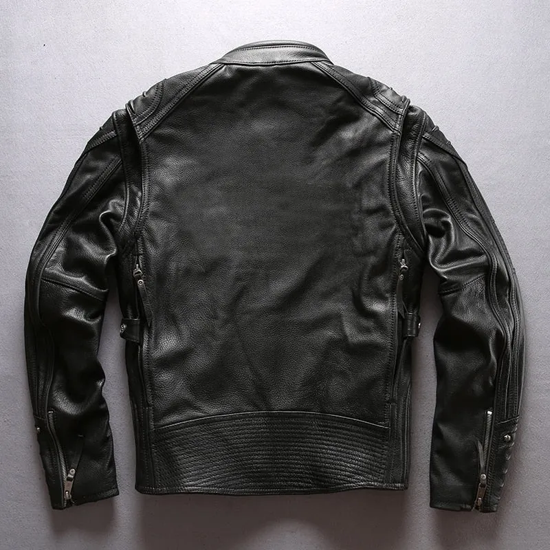 Cowhide Mandarin Collar Leather Jacket