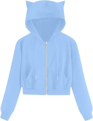 Cute Cat Ear Hoodies for Women Teen Girls Y2K Crop Tops Zip Up Long Sleeve Drawstring Hooded Jackets with Pockets