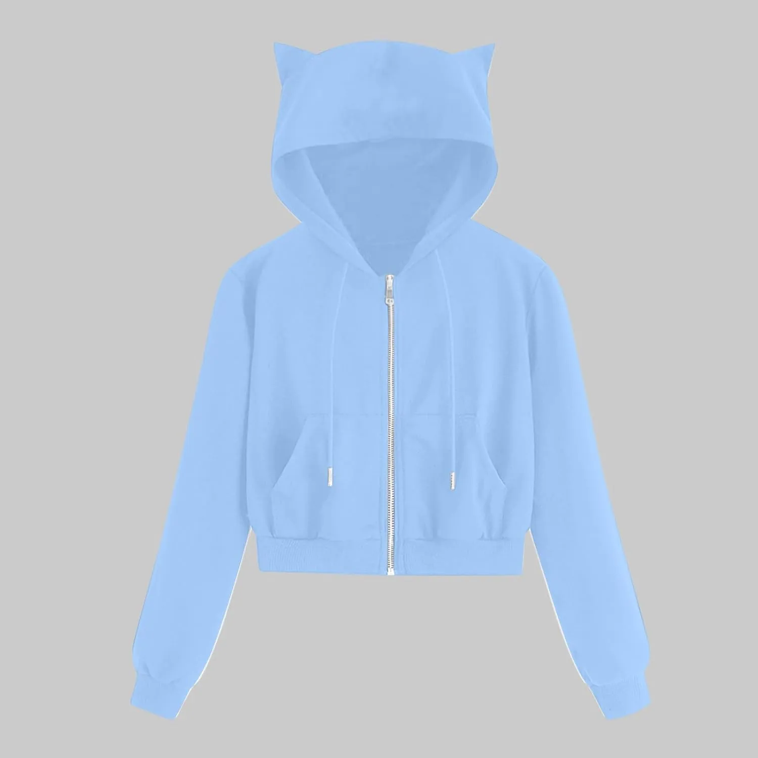 Cute Cat Ear Hoodies for Women Teen Girls Y2K Crop Tops Zip Up Long Sleeve Drawstring Hooded Jackets with Pockets