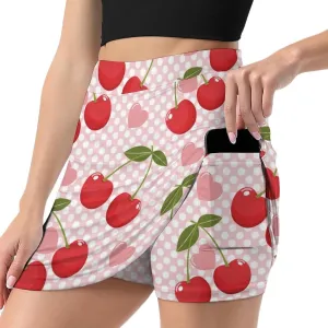 Cute Cherry with Polka Dots Women's Mini Tennis Skirt with Shorts Underneath Athletic Workout Cute Skorts