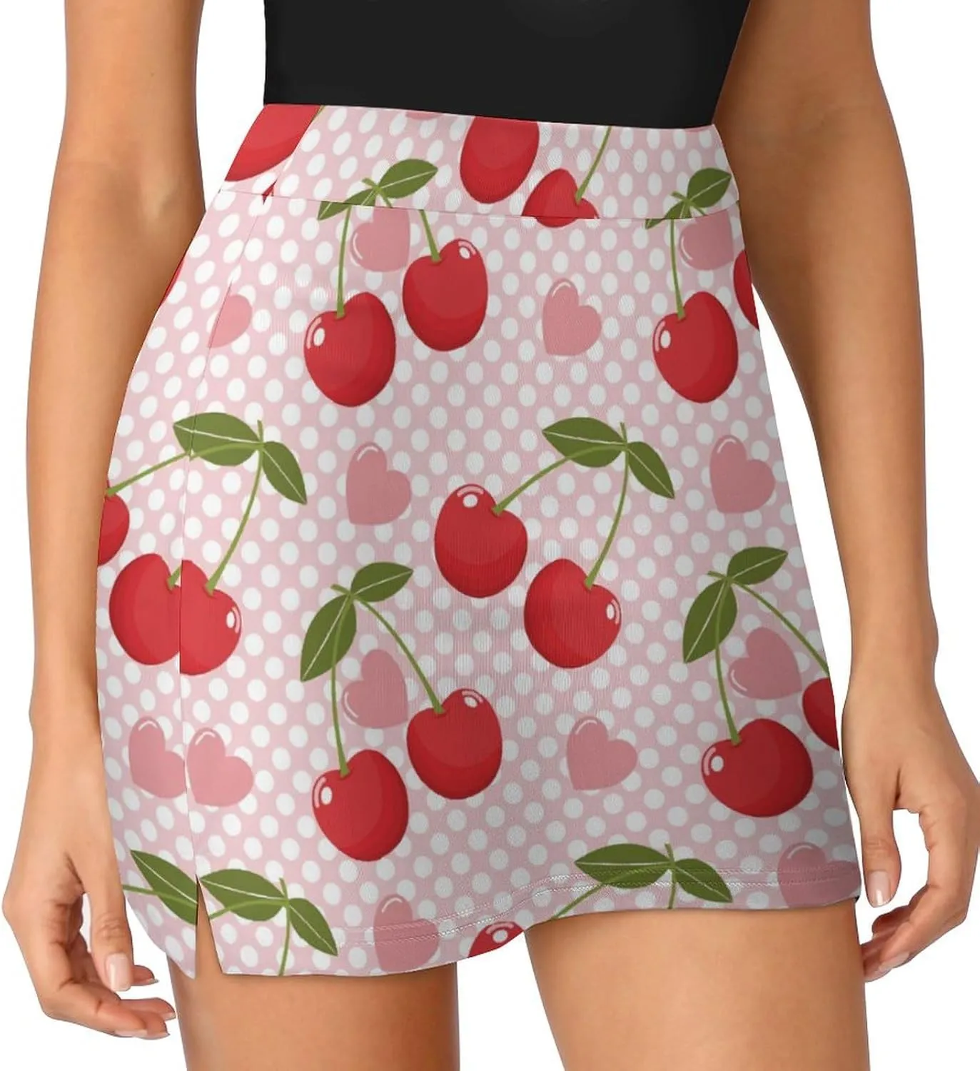 Cute Cherry with Polka Dots Women's Mini Tennis Skirt with Shorts Underneath Athletic Workout Cute Skorts