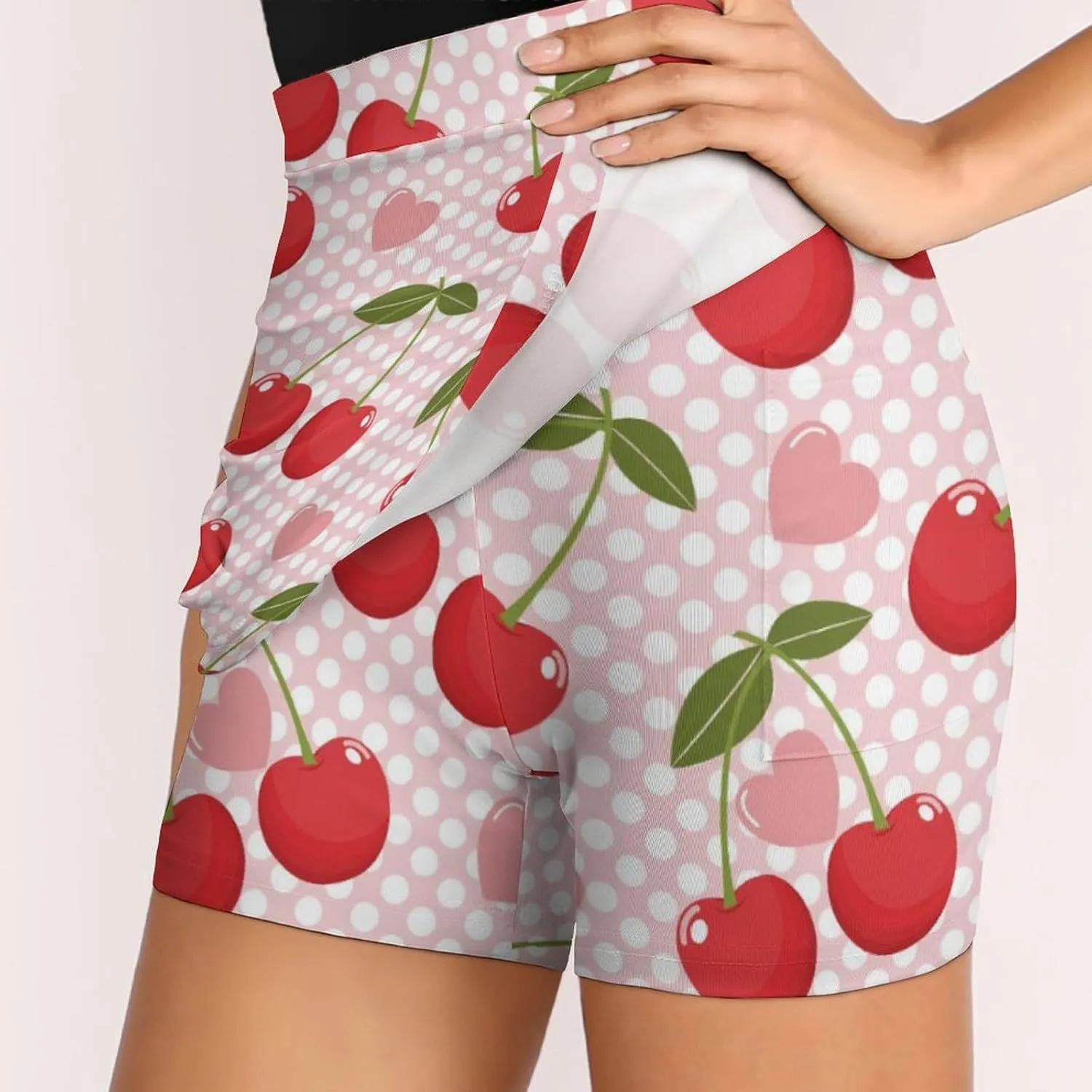 Cute Cherry with Polka Dots Women's Mini Tennis Skirt with Shorts Underneath Athletic Workout Cute Skorts