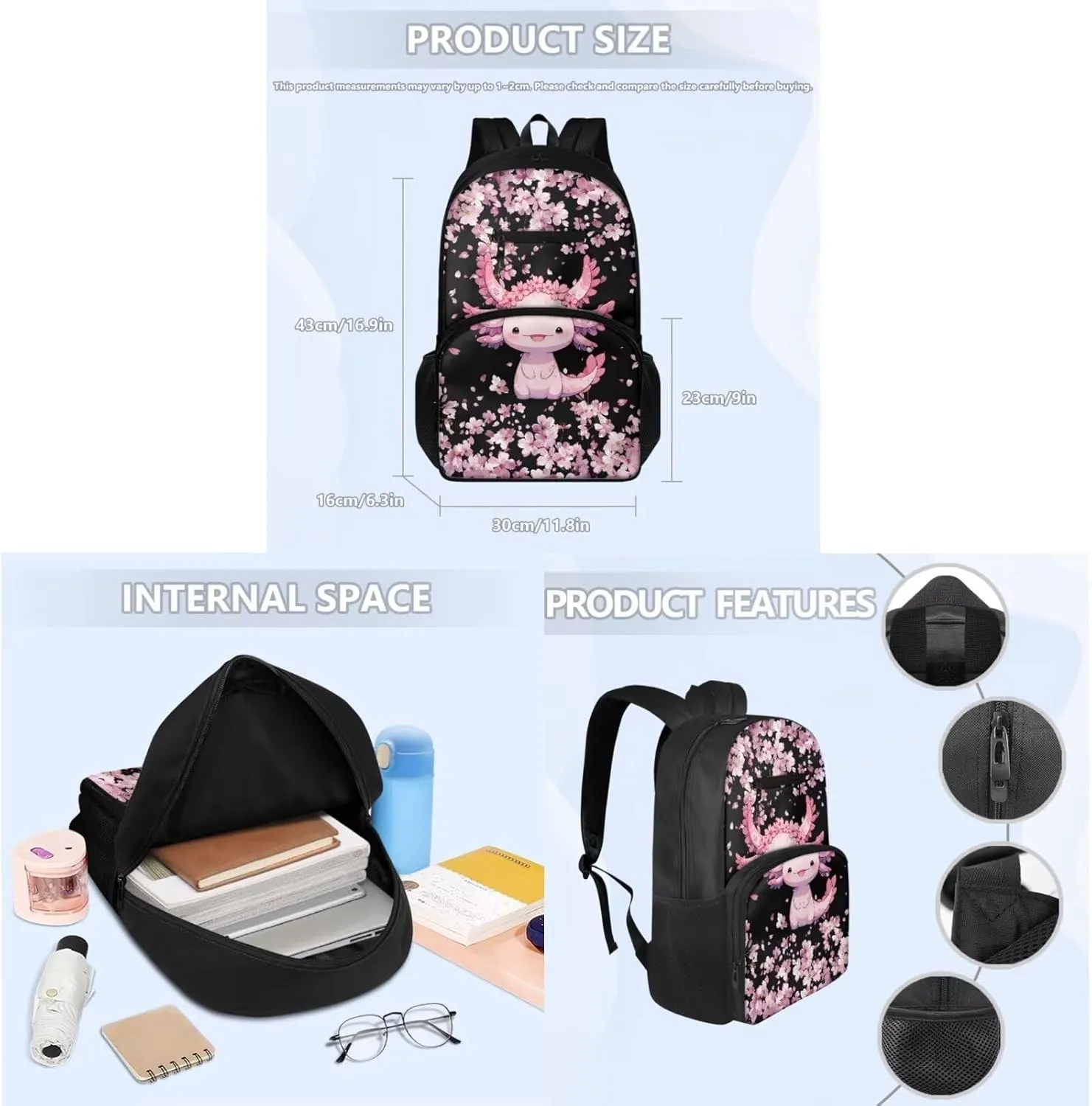 Cute Pink Axolotl Girls Backpack with Lunch Box School Backpack Set Multi-functional Casual Rucksack Thermal Lunch Box and Portable Pen Case 3 in 1