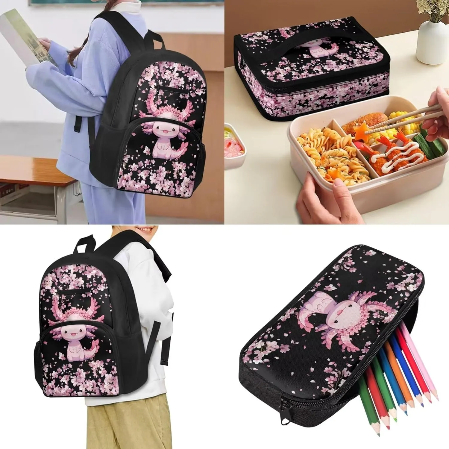 Cute Pink Axolotl Girls Backpack with Lunch Box School Backpack Set Multi-functional Casual Rucksack Thermal Lunch Box and Portable Pen Case 3 in 1