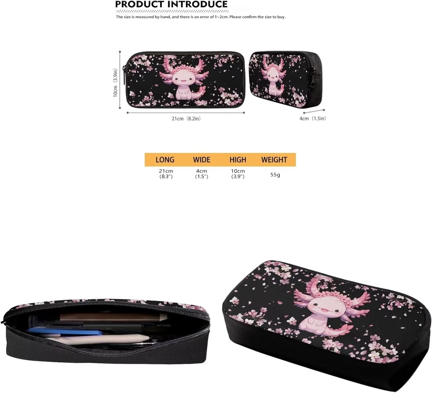 Cute Pink Axolotl Girls Backpack with Lunch Box School Backpack Set Multi-functional Casual Rucksack Thermal Lunch Box and Portable Pen Case 3 in 1