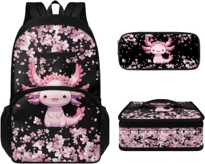 Cute Pink Axolotl Girls Backpack with Lunch Box School Backpack Set Multi-functional Casual Rucksack Thermal Lunch Box and Portable Pen Case 3 in 1