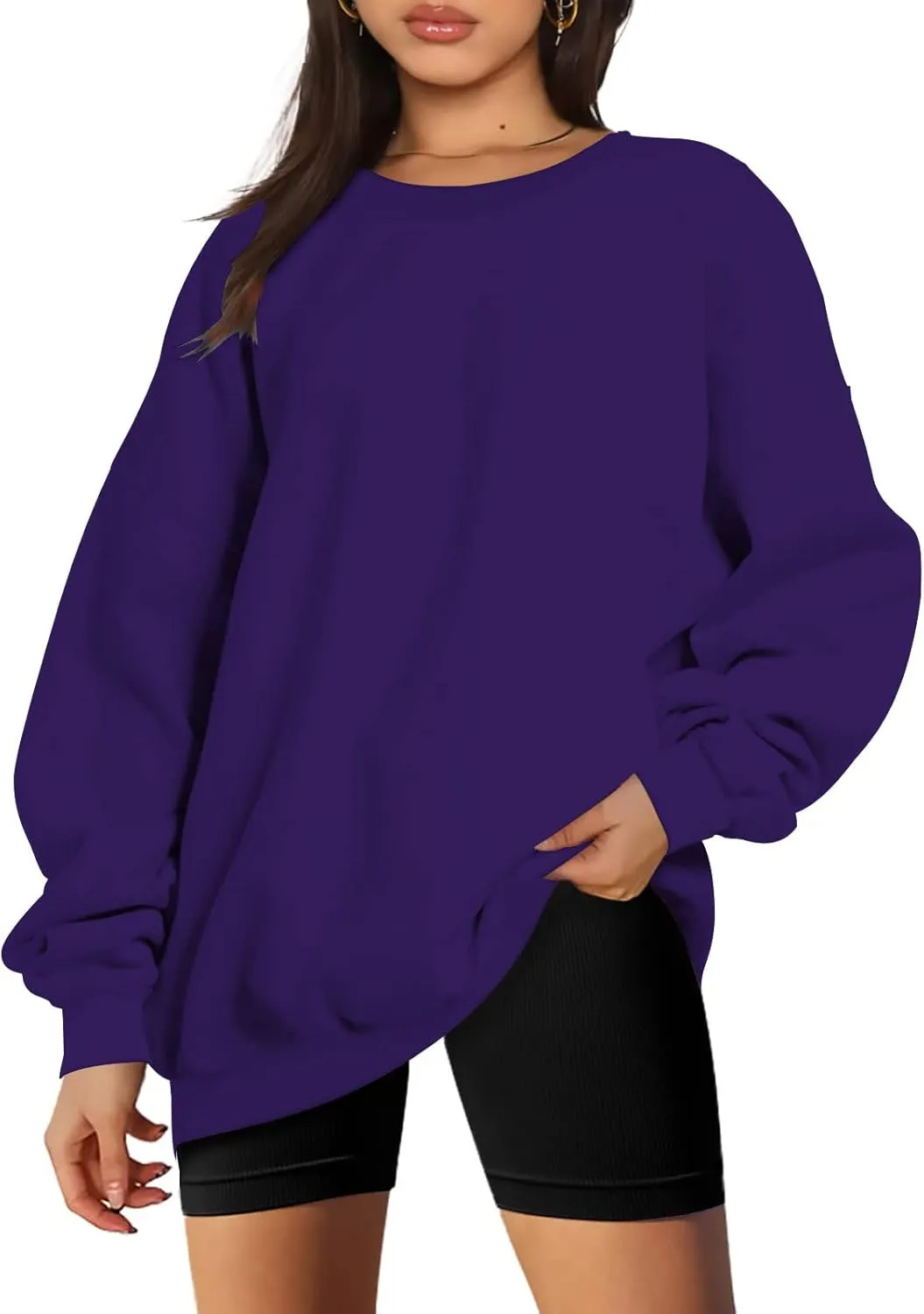 DOLKFU Women Oversized Crewneck Sweatshirts Solid Basic Pullover Sweater Long Sleeve Hoodie Winter Y2K Ouffits Clothes