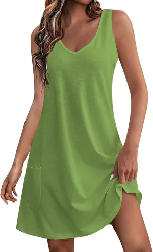 DOPOCQ Summer Dresses for Women 2024 Sexy V Neck Sleeveless Boho Beach Dress Casual Plus Size Solid Color Tank Mini Dresses