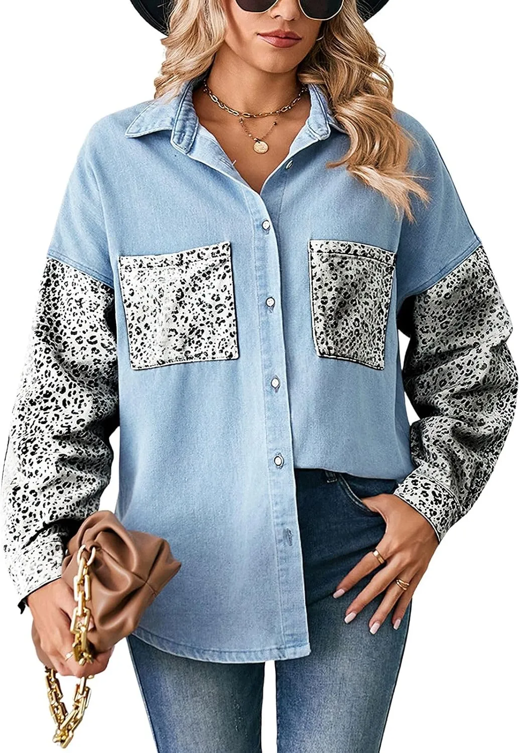 ebossy Women's Spliced Leopard Print Denim Shirt Button Down Casual Jean Jacket Top