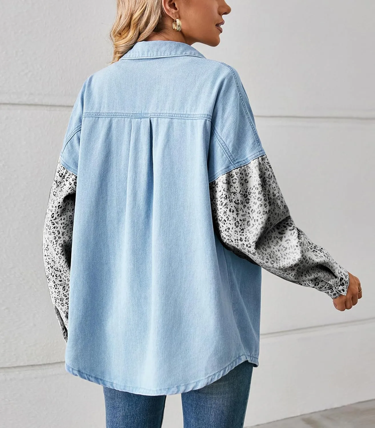 ebossy Women's Spliced Leopard Print Denim Shirt Button Down Casual Jean Jacket Top