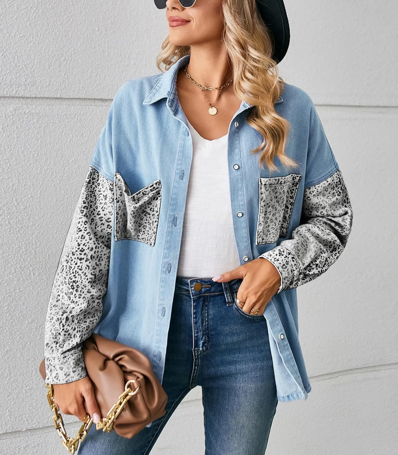 ebossy Women's Spliced Leopard Print Denim Shirt Button Down Casual Jean Jacket Top