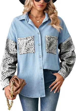 ebossy Women's Spliced Leopard Print Denim Shirt Button Down Casual Jean Jacket Top