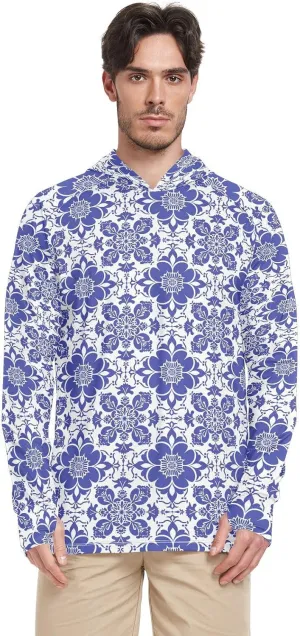 Elegant Blue Pattern Men's Sun Shirt Hoodie Long Sleeve Sun Shirt with Hood UPF 50  Quick Dry UV Rash Guard with Hood Sun Hoodies Camisas para el sol
