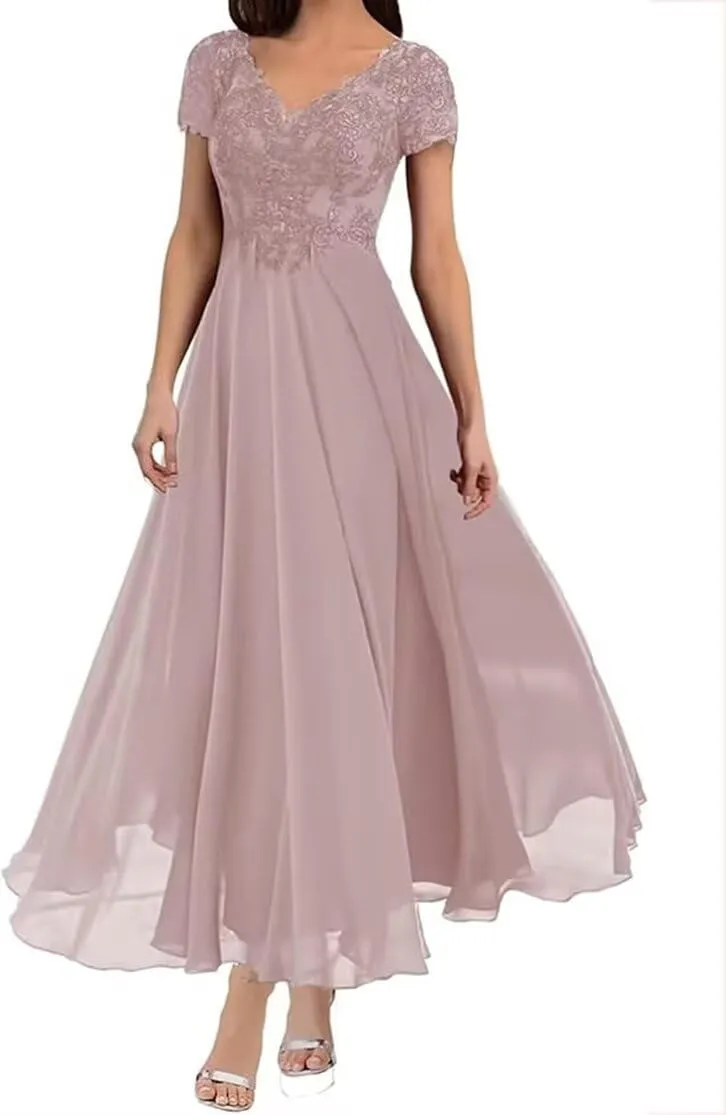 Elegant Tea Length Mother of The Bride Dress Short Sleeve Lace Formal Gown for Weddings and Evening Parties