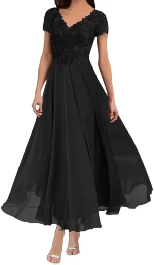 Elegant Tea Length Mother of The Bride Dress Short Sleeve Lace Formal Gown for Weddings and Evening Parties