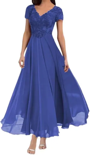 Elegant Tea Length Mother of The Bride Dress Short Sleeve Lace Formal Gown for Weddings and Evening Parties