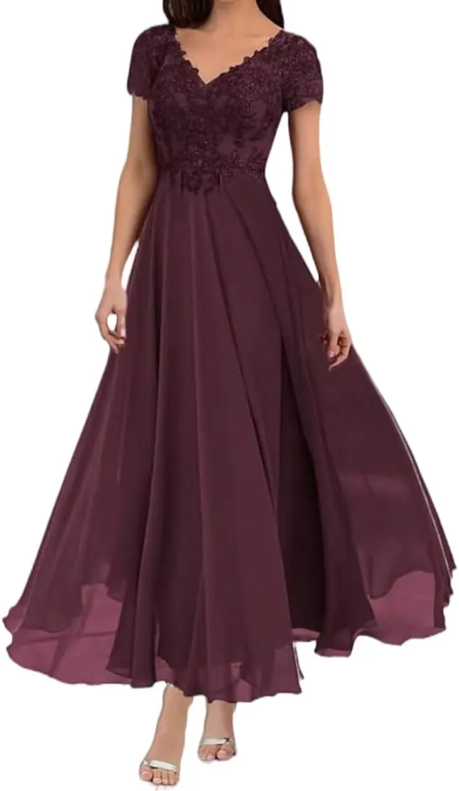 Elegant Tea Length Mother of The Bride Dress Short Sleeve Lace Formal Gown for Weddings and Evening Parties