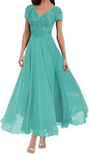Elegant Tea Length Mother of The Bride Dress Short Sleeve Lace Formal Gown for Weddings and Evening Parties