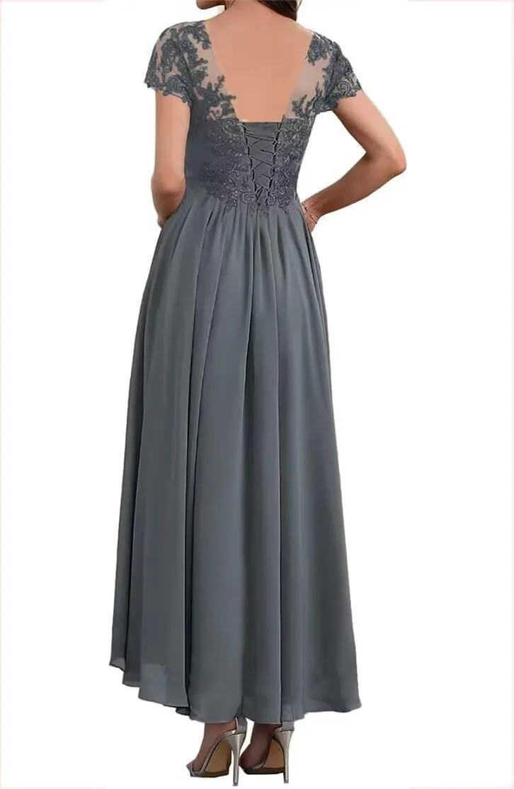 Elegant Tea Length Mother of The Bride Dress Short Sleeve Lace Formal Gown for Weddings and Evening Parties