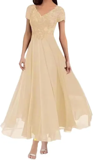 Elegant Tea Length Mother of The Bride Dress Short Sleeve Lace Formal Gown for Weddings and Evening Parties