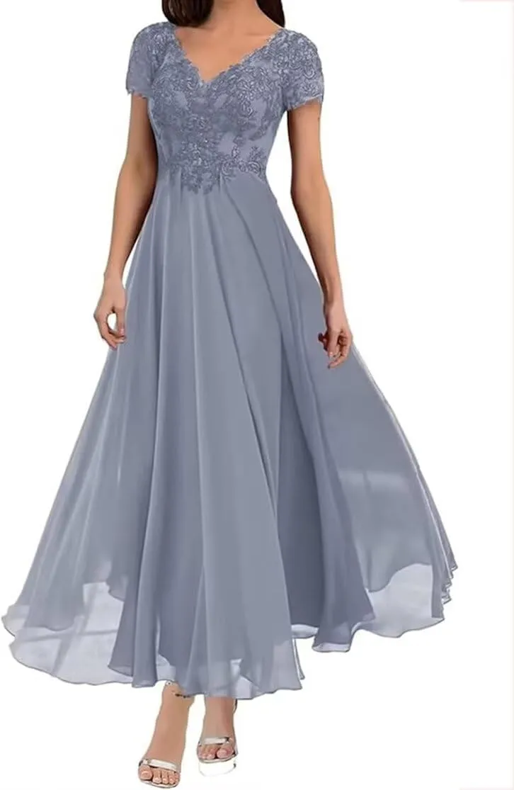 Elegant Tea Length Mother of The Bride Dress Short Sleeve Lace Formal Gown for Weddings and Evening Parties