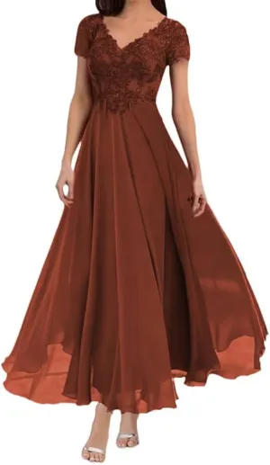 Elegant Tea Length Mother of The Bride Dress Short Sleeve Lace Formal Gown for Weddings and Evening Parties