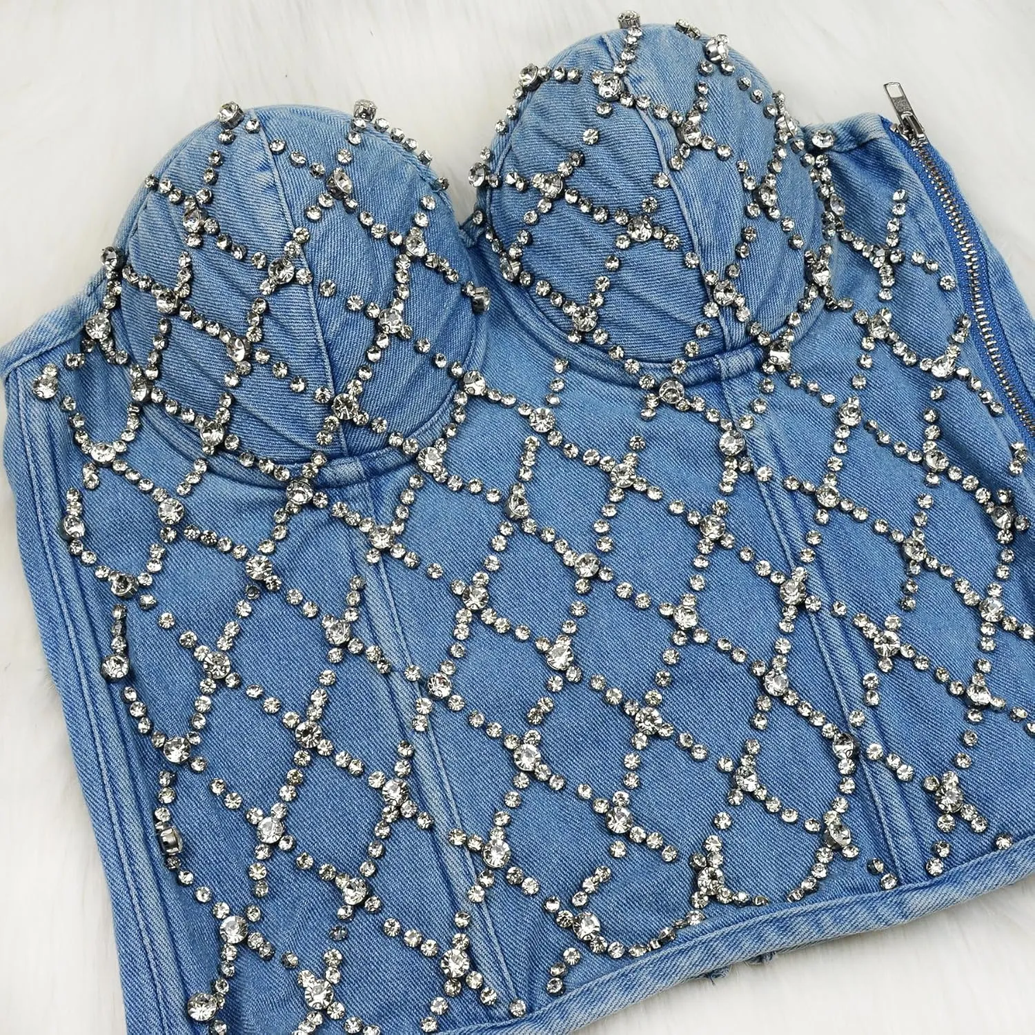 ELLACCI Women's Denim Rhinestone Corset Top Sexy Club Party Jean Bodysuit
