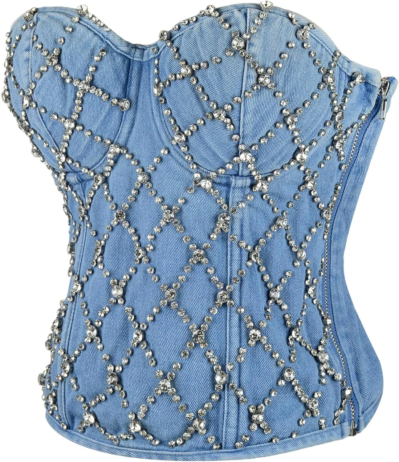 ELLACCI Women's Denim Rhinestone Corset Top Sexy Club Party Jean Bodysuit