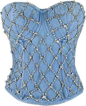 ELLACCI Women's Denim Rhinestone Corset Top Sexy Club Party Jean Bodysuit