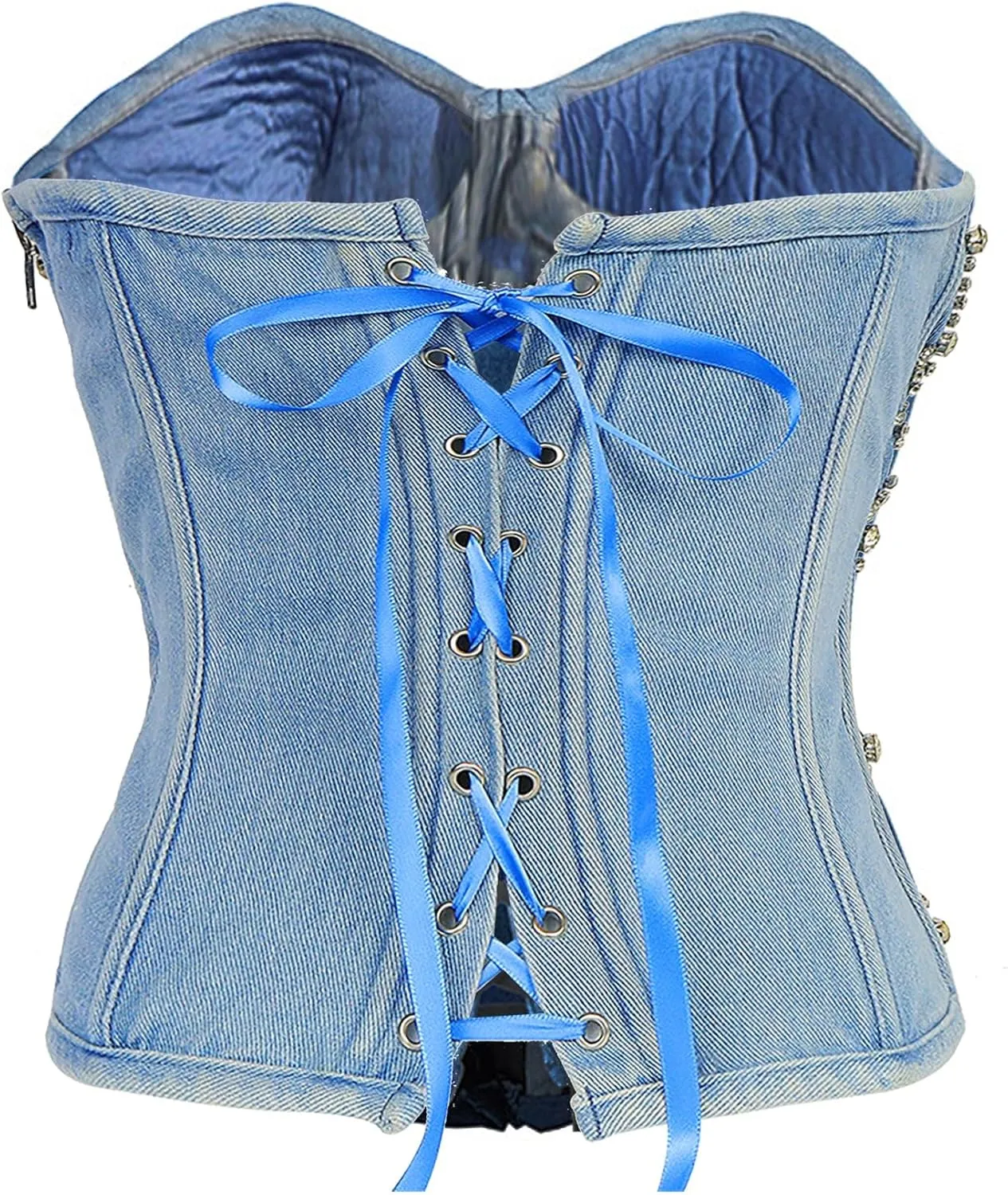 ELLACCI Women's Denim Rhinestone Corset Top Sexy Club Party Jean Bodysuit