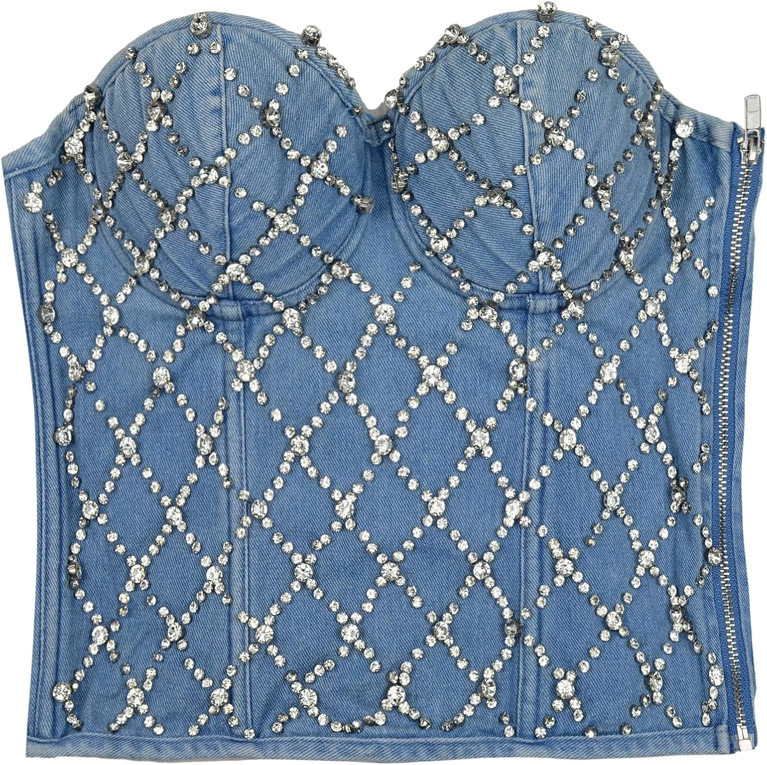 ELLACCI Women's Denim Rhinestone Corset Top Sexy Club Party Jean Bodysuit