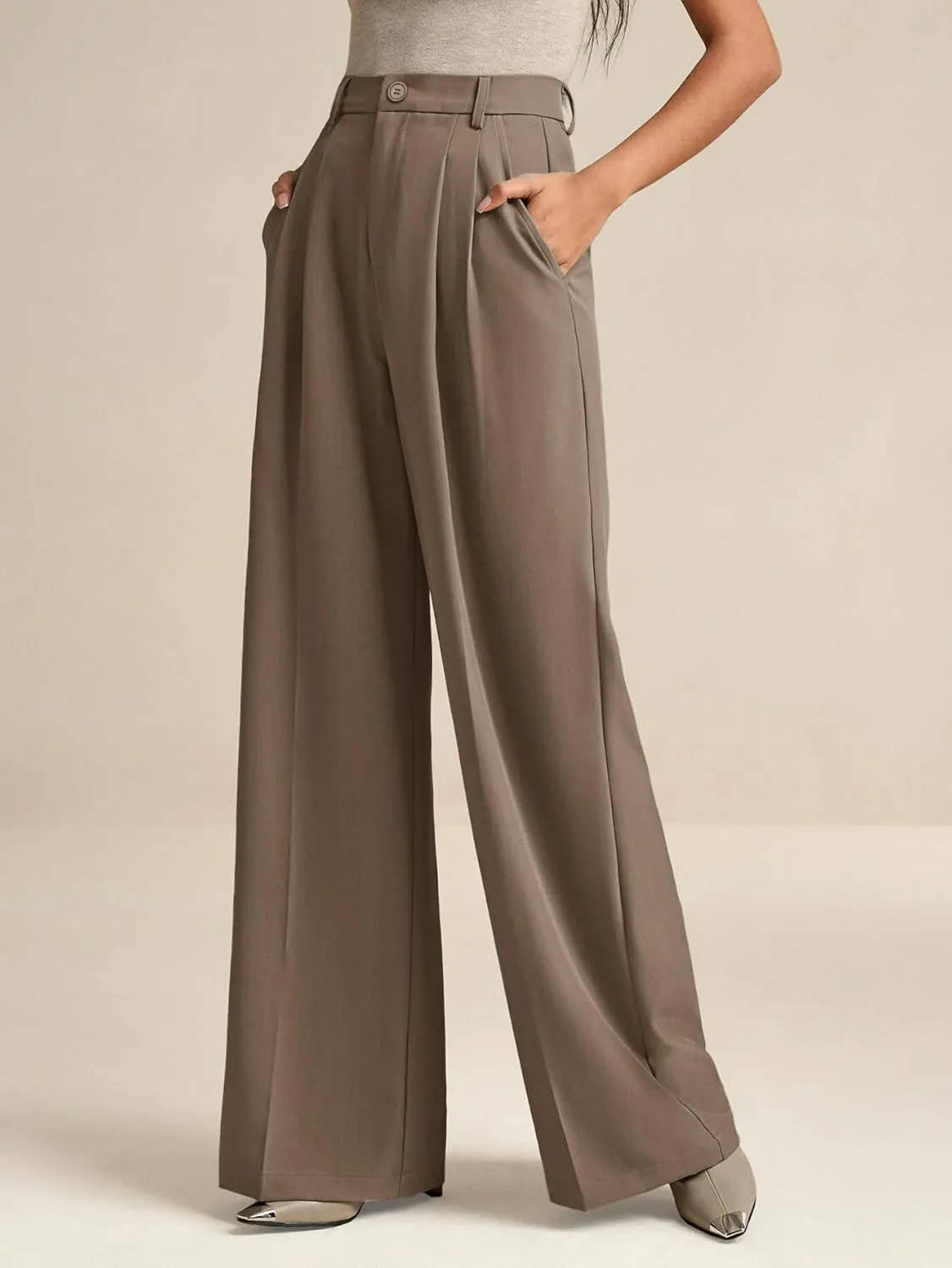 ELLEVEN Women's Casual Wide Leg Dress-Pants, High Elastic Waisted in The Back Business Flowy Trousers with Pockets