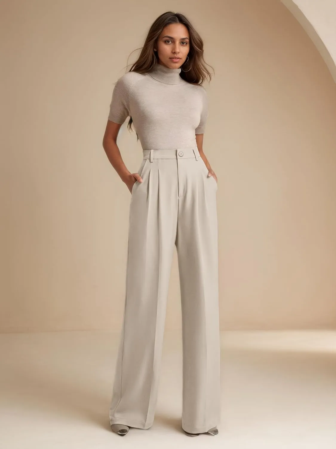 ELLEVEN Women's Casual Wide Leg Dress-Pants, High Elastic Waisted in The Back Business Flowy Trousers with Pockets