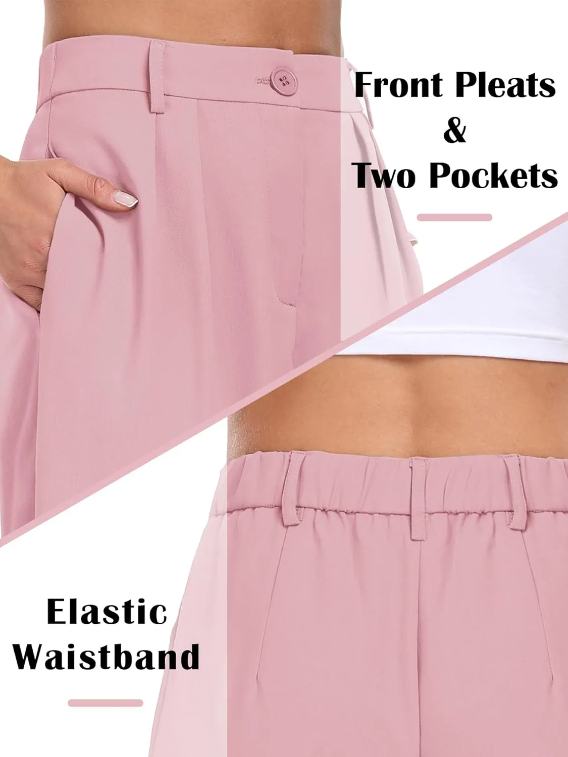 ELLEVEN Women's Casual Wide Leg Dress-Pants, High Elastic Waisted in The Back Business Flowy Trousers with Pockets