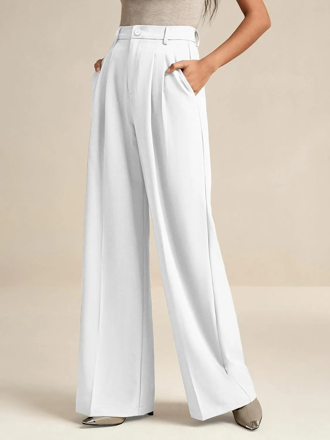 ELLEVEN Women's Casual Wide Leg Dress-Pants, High Elastic Waisted in The Back Business Flowy Trousers with Pockets