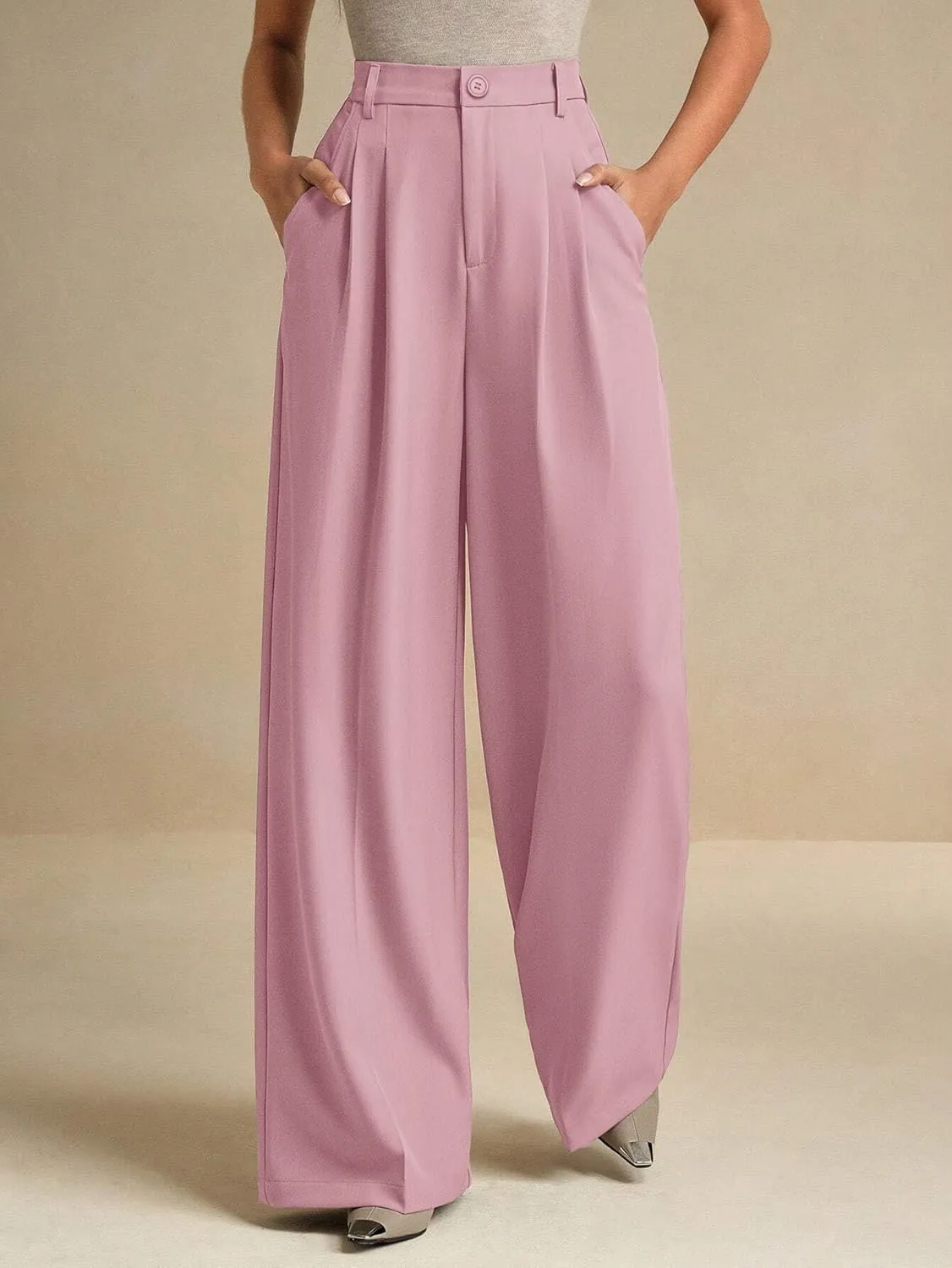 ELLEVEN Women's Casual Wide Leg Dress-Pants, High Elastic Waisted in The Back Business Flowy Trousers with Pockets